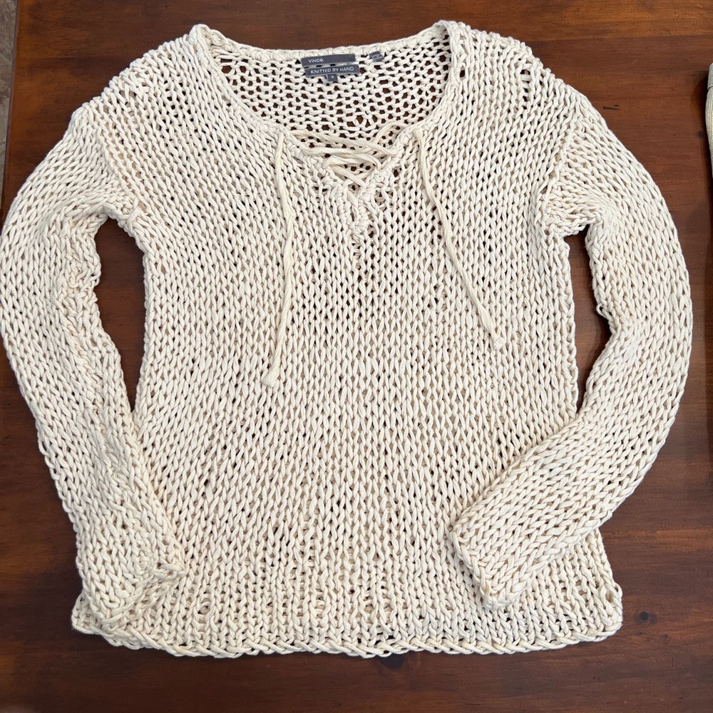 VINCE Hand Knit Cream Chunky Knit Pullover Lace up Cotton Sweater